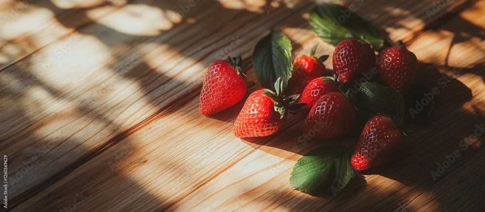 Poster fresh ripe strawberries on wooden background with soft shadows from leaves creating a warm and invit