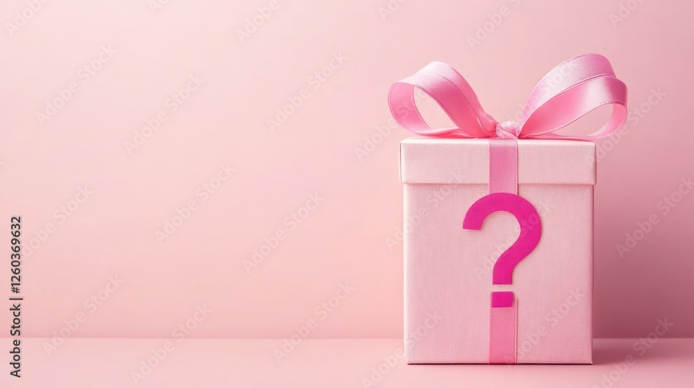 Poster surprise gift box with question mark and pink ribbon on soft pink background with ample space for pe