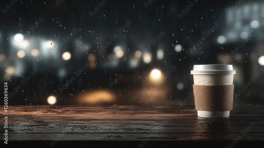 Poster Cozy coffee cup on rustic wooden table with blurred raindrops and bokeh lights in the background creating a serene atmosphere