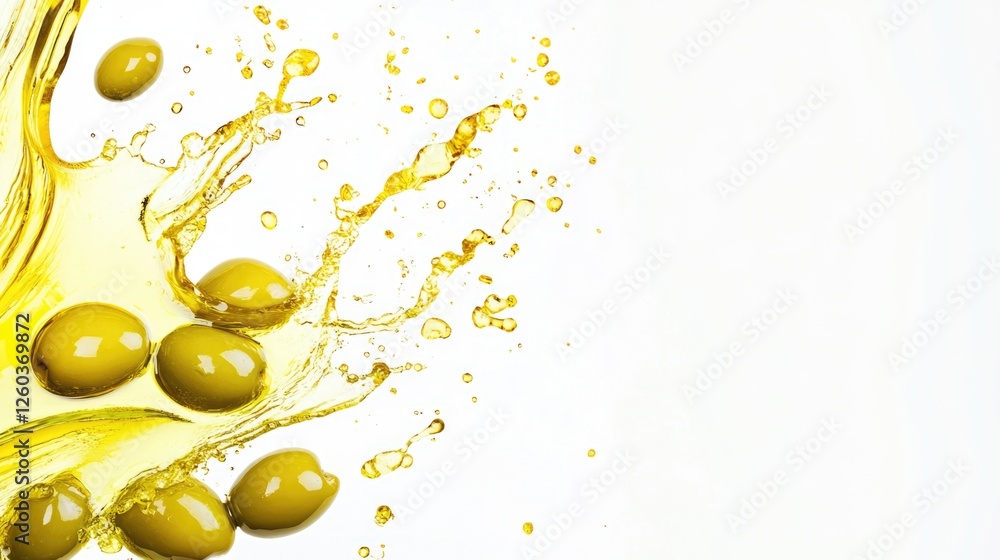 Poster splashing olive oil with green olives on a white background creating dynamic movement and ample spac