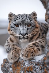 Obraz premium Majestic Snow Leopard Resting On A Rocky Outcrop
