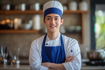 Culinary creativity young handsome asian chef in blue uniform modern kitchen portrait professional environment inspiring skills