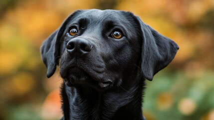 Black Labrador with alert expression outdoors. Perfect for pet portraiture, canine companionship, and animal intelligence.