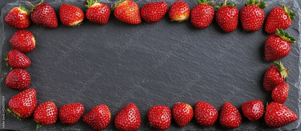 Poster fresh strawberries arranged in a rectangular frame on a rustic slate slab with ample copyspace for c