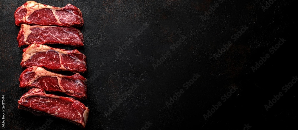 Poster raw striploin steak cuts arranged on a dark background with ample copy space for culinary text and a