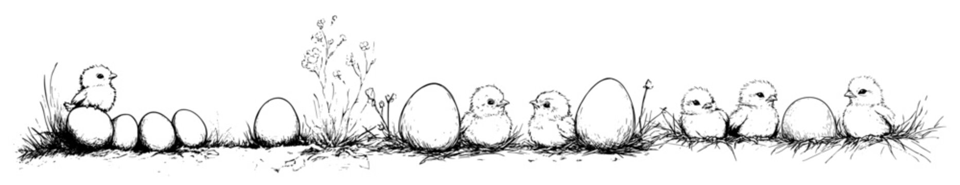 easter eggs and chicks border vector doodle black sketch illustration