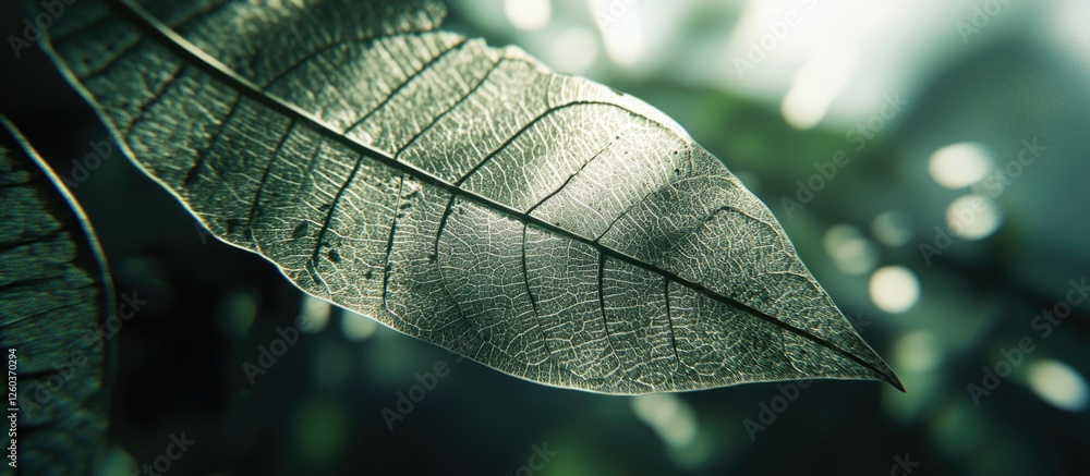Poster detailed close-up of a leaf structure showcasing intricate vein patterns and natural textures illumi