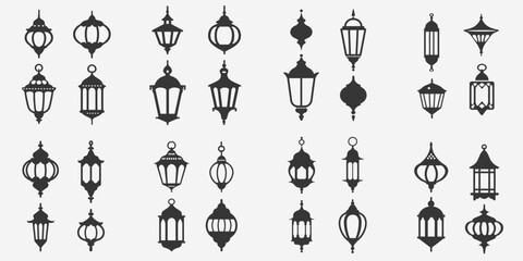 A set of black and white silhouettes of hanging lanterns for vector decorations