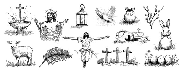 Easter Christian symbols icon collection vector doodle black sketch illustration, lamb of god, dove, eggs, holy water