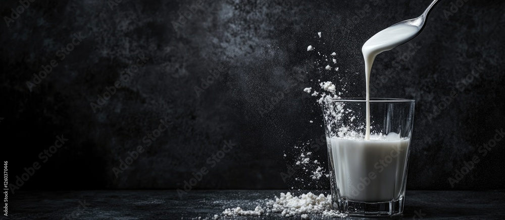 Poster spoon pouring milk into glass with dynamic splash and ample blank space for text on dark textured ba