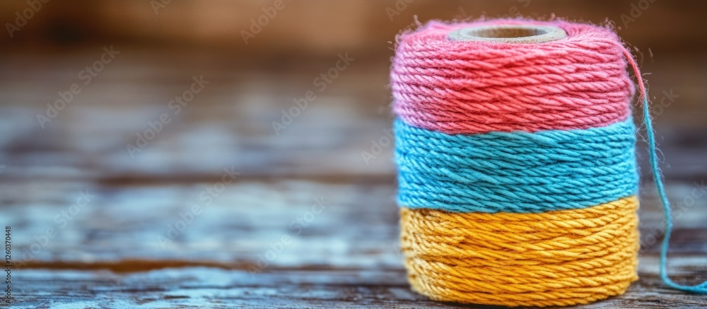 Aufkleber colorful spool of twine stacked on a rustic wooden surface creating a warm and inviting atmosphere
