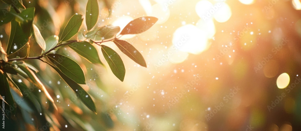 Poster spring foliage with soft bokeh and warm sunlight creating a serene natural background for relaxation