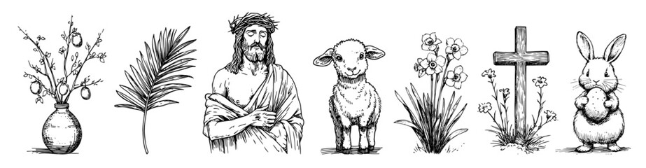 Easter religious icons symbols vector doodle black sketch Jesus Christ, lamb, rabbit, cross, palm