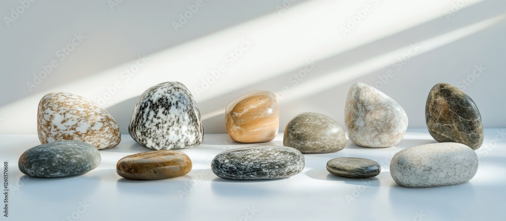 Poster unique assortment of stones displaying diverse shapes and textures arranged aesthetically on a light
