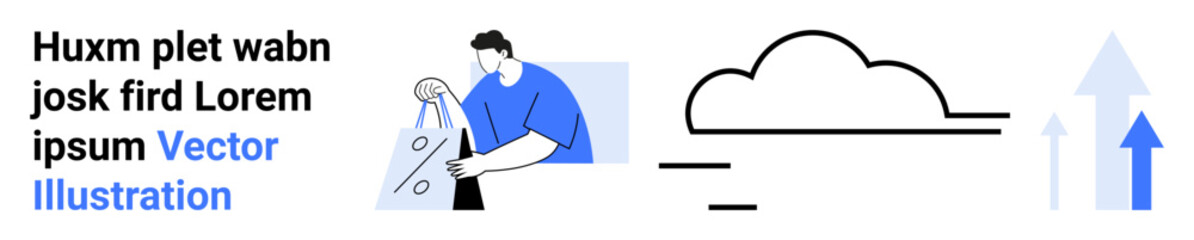 Person with geometric shapes, cloud icon, horizontal lines, upward arrows. Themes Ideal for data management, cloud storage, business growth, digital transformation, technology development