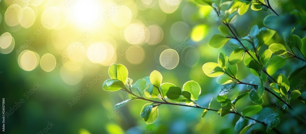 Poster lush spring greenery with vibrant bokeh light creating a serene and calming background perfect for n
