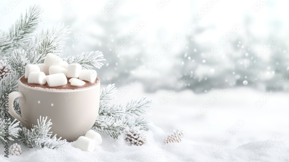 Poster cozy steaming cup of hot chocolate with marshmallows set on snowy surface surrounded by frosty fir b