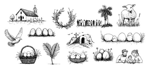 Easter religious symbols collection eggs church dove tomb of Jesus lamb and chicks vector doodle black sketch