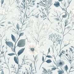 Hand-drawn style botanical pattern with white floral doodles on a dusty blue background