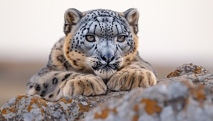 Fototapeta premium Majestic Snow Leopard Resting on Rocky Terrain