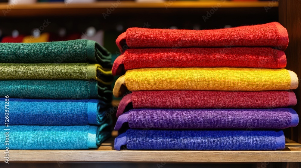 Poster vibrant stacked cotton towels in a wooden shelf with colorful layers and empty space for text in a c