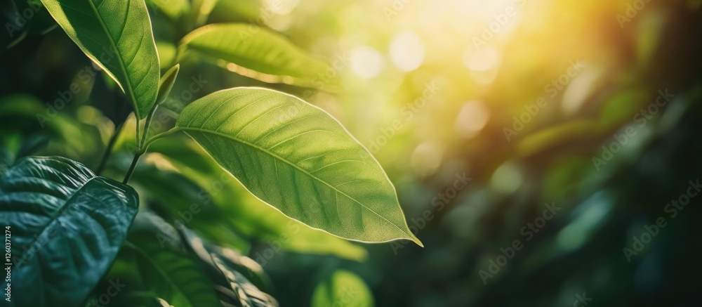 Poster vibrant green leaf with intricate patterns illuminated by sunlight in a lush natural setting