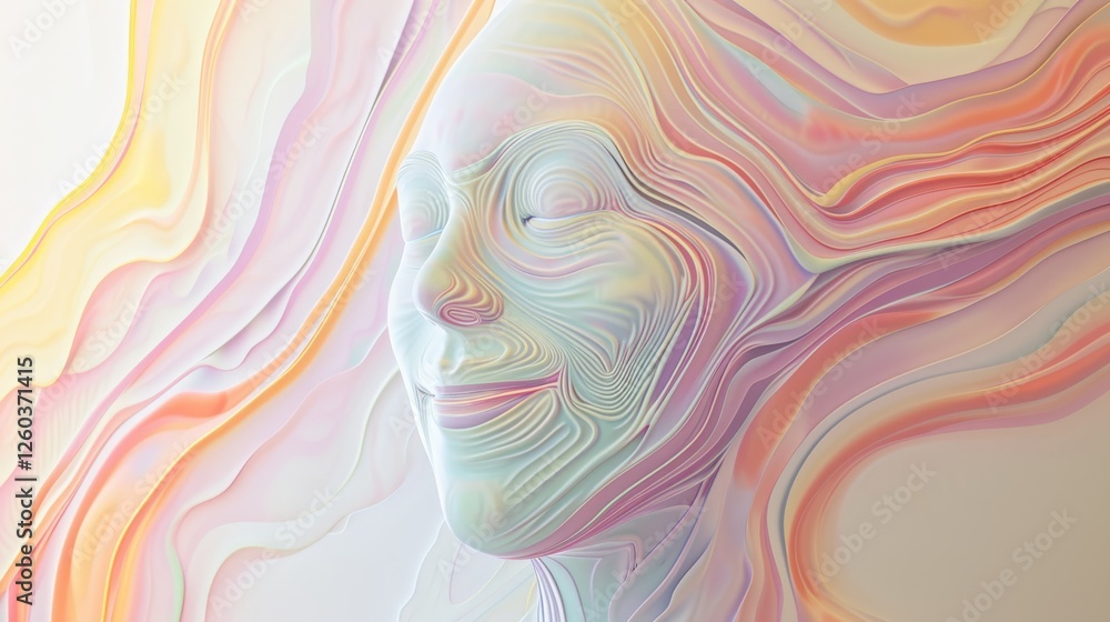 Poster a mesmerizing abstract face with soft pastel swirls and intricate lines, blending artistry with tran