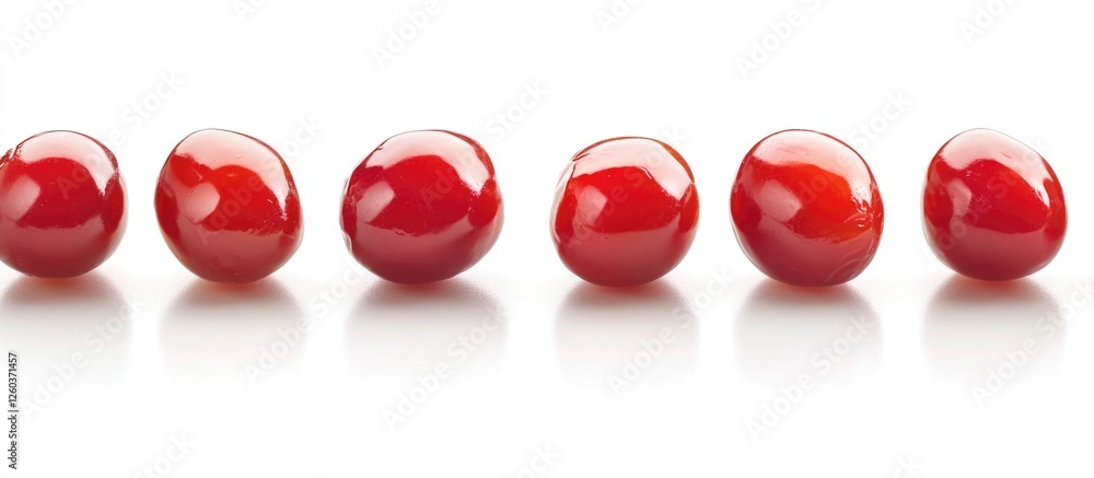 Poster sugar-coated red dates arranged on a reflective white surface showcasing a vibrant and appetizing ap