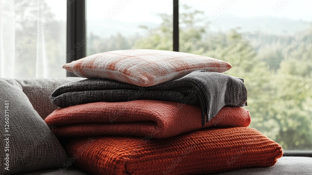 Poster cozy arrangement of blankets and pillows on a sofa by a window with scenic views and ample empty spa