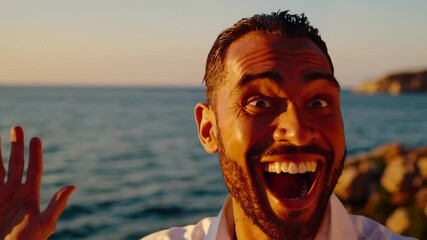 Joyful man smiling by the ocean at sunset, summer vacation happiness, carefree travel excitement
