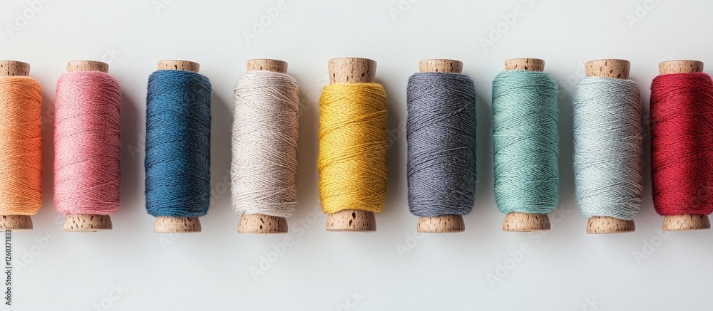 Poster spools of vibrant multicolored threads arranged neatly on a white background with ample copy space f