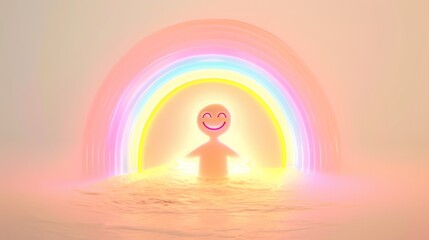 A glowing figure radiates happiness while standing beneath a vivid, colorful rainbow, surrounded by pastel light and peaceful energy in a surreal dreamscape. AI generated.