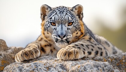 Fototapeta premium Majestic Snow Leopard Resting on Rocks