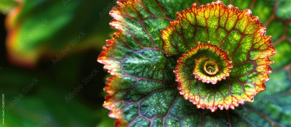 Poster close-up view of lush spiral leaf texture from begonia escargot showcasing vibrant colors and unique