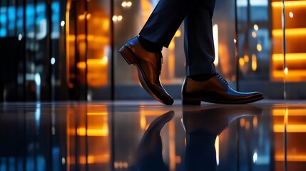 A close-up of a person's formal shoes walking on a reflective surface, with a backdrop of modern architecture and warm lighting, symbolizing professionalism and ambition.