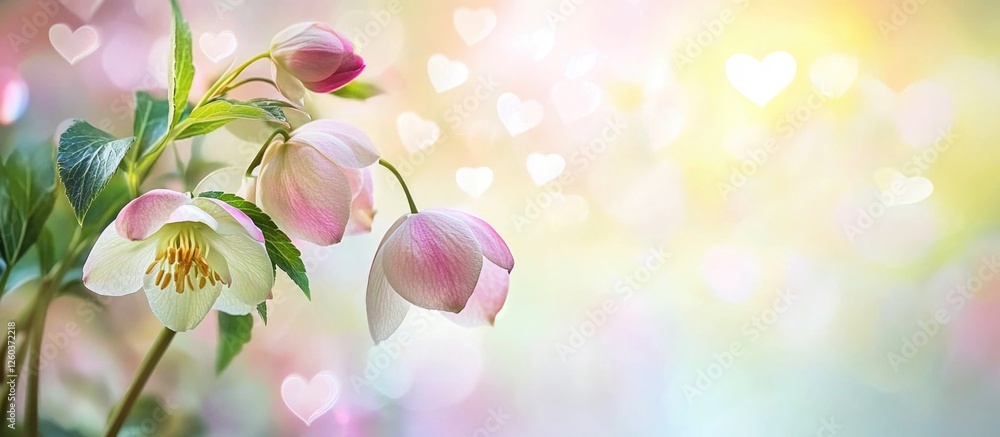 Aufkleber spring hellebore flowers with soft heart bokeh background in pastel tones and selective focus for a 