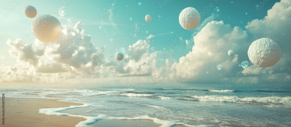 Poster surreal beach landscape with dreamy floating spheres and ethereal clouds ideal for text overlay and 