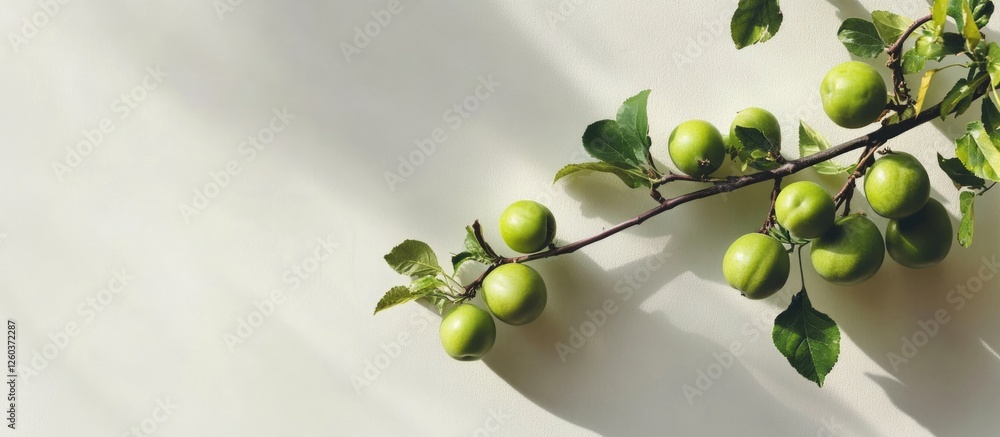 Poster sunlit branch with fresh green fruit and subtle shadows showcasing a minimalist background for text 
