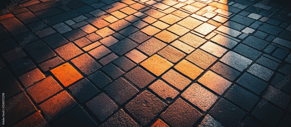 Poster sunlit textured street pavement with vibrant shadows highlighting the colorful tiles and creating an