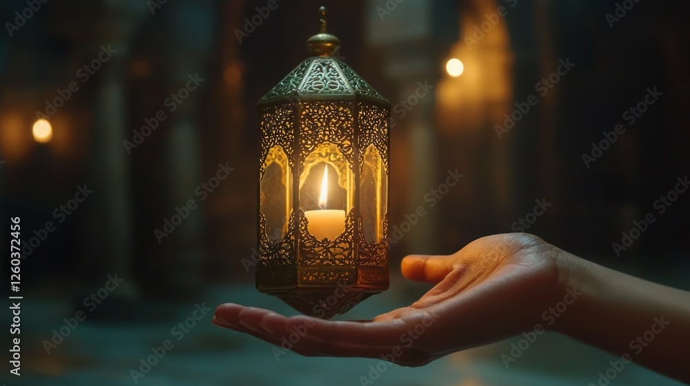 Poster an ornate arabic lantern, alive with flickering flame, is held gently in a person's hand. the soft g