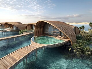 Luxury overwater bungalows in Abu Dhabi with Maldives-style design, infinity pools, and lush gardens