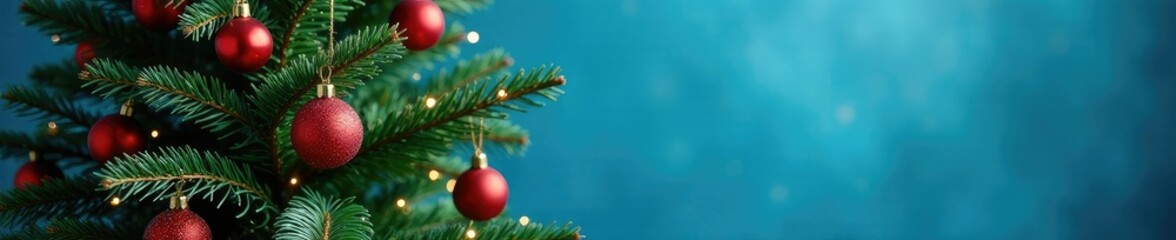 Fototapeta premium Decorated Christmas tree against blue background, winter, bauble, mistletoe