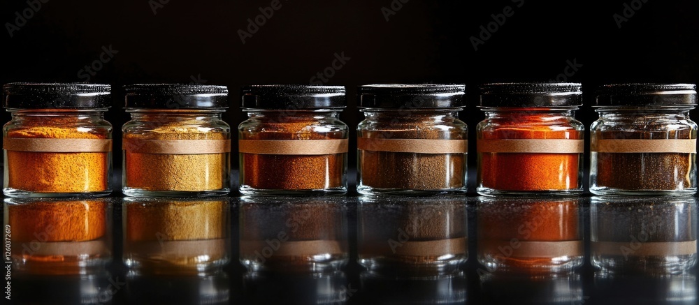 Poster assorted spices in elegant glass jars displayed against a dark background highlighting culinary dive