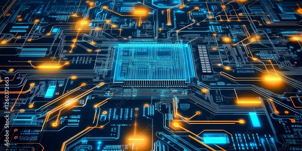 Poster intricate close-up of a glowing circuit board with orange and cyan lines on a black background