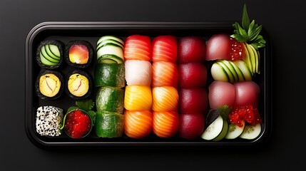 A colorful and beautifully arranged sushi platter featuring various types of sushi including nigiri, rolls, and fresh vegetables, showcasing culinary art at its finest.