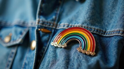 A vibrant rainbow enamel pin adorns a denim jacket, showcasing a cheerful and optimistic spirit