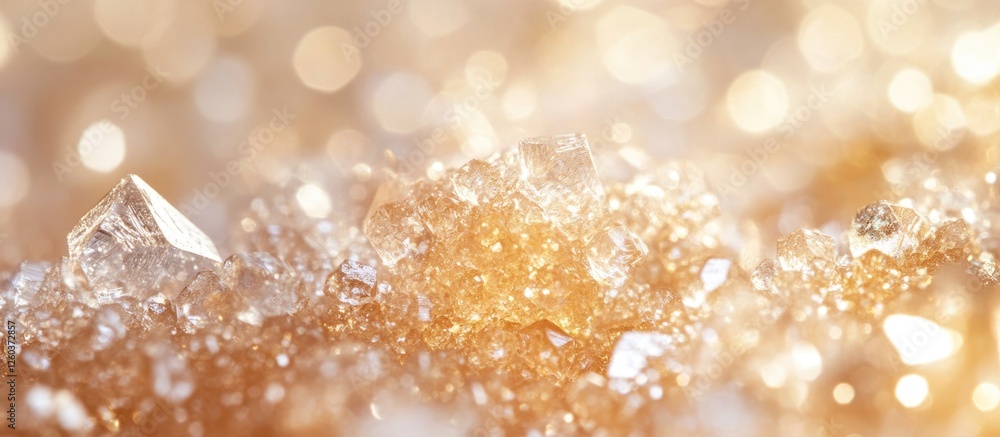 Poster macro shot of shimmering sugar crystals with a warm golden hue and a sparkling bokeh background crea