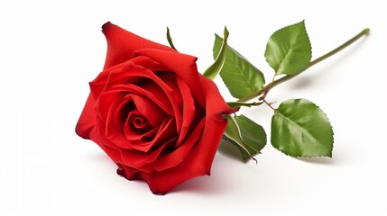 Vibrant Red Rose with Leaf on White Background