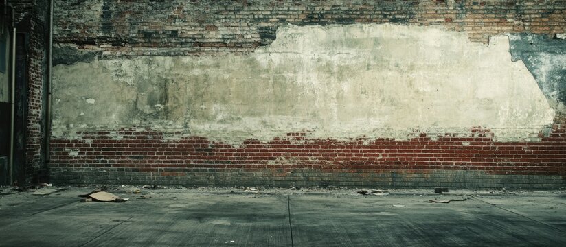 Empty grunge urban street with weathered brick wall and industrial backdrop ideal for creative projects and photography backgrounds.