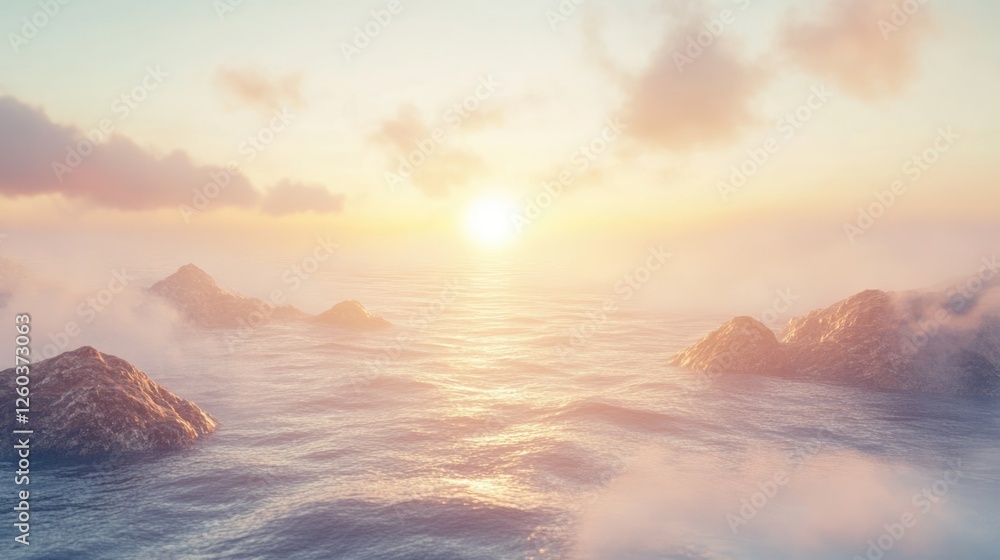 Poster serene sunrise over tranquil sea with misty rocks creating peaceful atmosphere and ample space for a